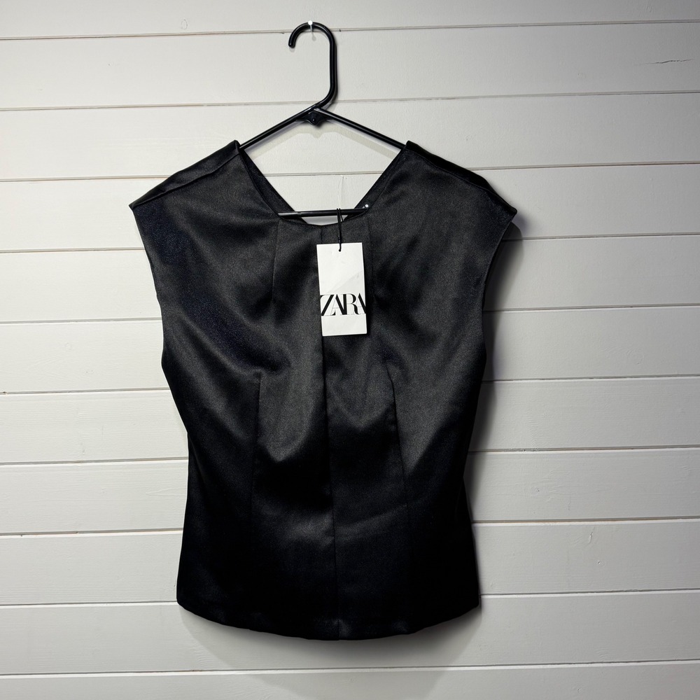 Zara Black Shimmer Satin V-Neck Sleeveless Top Blouse 5070/465/800 Medium NWT - Picture 1 of 8